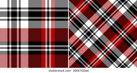 Tartan plaid pattern in red, black, white. Seamless bright herringbone textured check plaid background for flannel shirt, blanket, duvet cover, other modern autumn winter fashion fabric design.