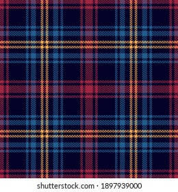 Tartan plaid pattern in red, blue, yellow. Herringbone textured seamless dark colorful check for Christmas and New Year blanket, flannel shirt, tablecloth, or other modern winter holiday textile.