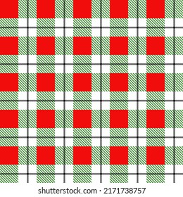 Tartan plaid pattern red,  green and black line alternating rectangles of fabric red background.