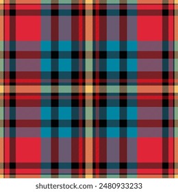 Tartan plaid pattern in red, green, navy blue, yellow, beige. Seamless dark New Year holiday check plaid vector for blanket, duvet cover, throw, other modern winter textile design.Vecto,EPS 10