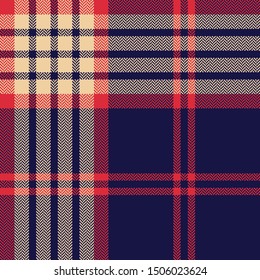 Tartan plaid pattern. Seamless dark multicolored check plaid in navy blue, red, and beige for scarf, blanket, poncho, throw, or other modern fabric design. Herringbone woven pixel texture.