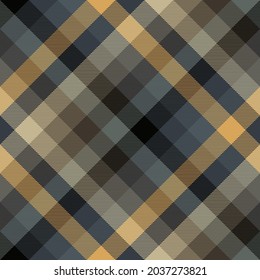 Tartan plaid pattern. Seamless diagonal check plaid in stone blue, brown and yellow for flannel shirt, bag, tablecloth, blanket, napkin, bag, or other modern textile print. Hounds tooth texture.
