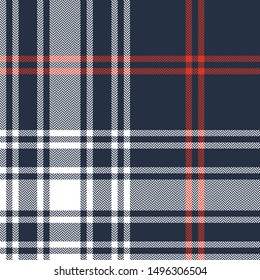 Tartan plaid pattern. Seamless herringbone check plaid in dark blue, red, and white for flannel shirt, poncho, blanket, throw, or other modern textile design.