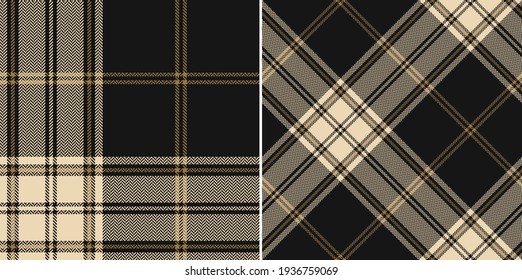 Tartan plaid pattern seamless set in black, gold brown, beige. Herringbone dark check background vector texture for autumn winter flannel shirt, blanket, other everyday menswear fashion fabric design.