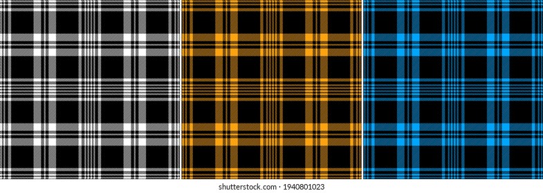 Tartan plaid pattern seamless set in black, blue, yellow, white. Dark check texture graphic vector for autumn winter flannel shirt, throw, other autumn winter everyday casual fashion fabric design.
