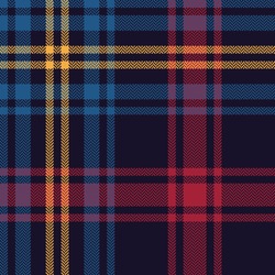 Tartan Plaid Pattern Seamless Vector Background. Multicolored Dark Check Plaid In Blue, Red, And Yellow For Flannel Shirt, Blanket, Throw, Or Other Modern Textile Design. Herringbone Woven Texture.