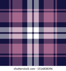 Tartan plaid pattern seamless vector. Herringbone tartan check plaid background texture in dark blue, pink, and white for scarf, blanket, throw, poncho, or other modern textile design.