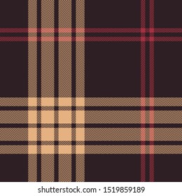 Tartan plaid pattern seamless vector. Herringbone check plaid background in dark brown, soft orange, and red for flannel shirt, blanket, throw, duvet cover, or other modern textile design.