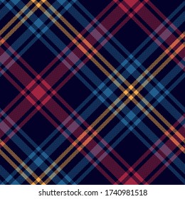 Tartan plaid pattern seamless vector. Diagonal multicolored dark check plaid in blue, red, and yellow for flannel shirt, blanket, throw, or other textile design. Herringbone woven texture.