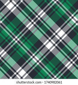 Tartan Plaid Pattern Seamless Vector Texture. Herringbone Diagonal Check Plaid Background In Green And White For Flannel Shirt, Blanket, Duvet Cover, Or Other Casual Fashion Fabric Design.