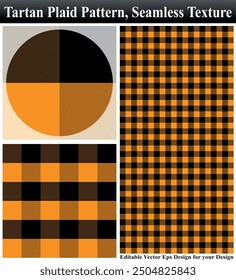 Tartan, plaid pattern, Seamless vector illustration, Seamless plaid, Textured seamless tartan plaid, Textured tartan plaid, Seamless vector pattern, Cloth Pattern Vector Texture, Orange Black Cloth.