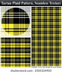 Tartan, plaid pattern, Seamless vector illustration, Seamless plaid, Textured seamless tartan plaid, Textured tartan plaid, Seamless vector pattern, Cloth Pattern Vector Texture, yellow Black Cloth.