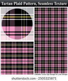Tartan, plaid pattern, Seamless vector illustration, Seamless plaid, Textured seamless tartan plaid, Textured tartan plaid, Seamless vector pattern, Cloth Pattern Vector Texture, Pink Black Cloth.