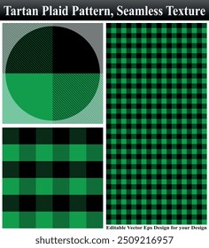 Tartán, patrón de cuadros, Ilustración vectorial sin costuras, tela escocesa sin costuras, tela escocesa de tartán sin costuras con textura, tela escocesa de tartán con textura, patrón de Vector sin costuras, paquete de textura de Vector de patrón de tela, tela verde.