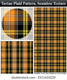 Tartan, plaid pattern, Seamless vector illustration, Seamless plaid, Textured seamless tartan plaid, Textured tartan plaid, Seamless vector pattern, Cloth Pattern Vector Texture, Orange Black Cloth.