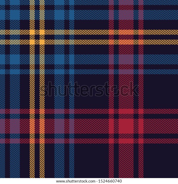 Tartan plaid pattern seamless vector background.\
Multicolored dark check plaid in blue, red, and yellow for flannel\
shirt, blanket, throw, or other modern textile design. Herringbone\
woven texture.