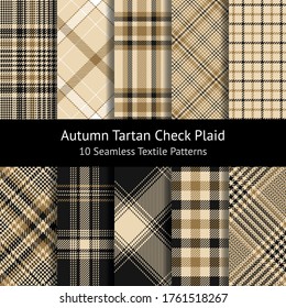 Tartan plaid pattern set for autumn textile designs. Seamless hounds tooth, glen, gingham, tartan check plaids for dress, skirt, jacket, blanket, tablecloth, or other fabrics.