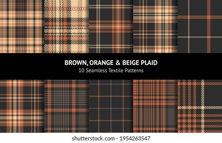 Tartan plaid pattern set in brown, orange, beige. Seamless dark herringbone check vector graphics for autumn winter flannel shirt, skirt, scarf, throw, bag, other modern fashion fabric design.