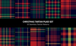 Tartan Plaid Pattern Set For Christmas And New Year Designs. Dark Blue, Red, Green, Yellow Check Plaid For Flannel Shirt, Skirt, Blanket, Tablecloth, Or Other Modern Festive Winter Textile Print.