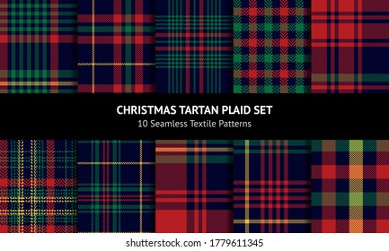 Tartan plaid pattern set for Christmas and New Year designs. Dark blue, red, green, yellow check plaid for flannel shirt, skirt, blanket, tablecloth, or other modern festive winter textile print.