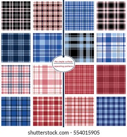 Tartan plaid pattern set. Collection of 16 repeating plaid patterns for fabric, backgrounds, gift wrap, apparel and more. Navy, blue, red, black and pink. Classic, preppy, vintage plaid swatch tiles.