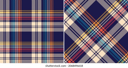 Tartan plaid pattern set for flannel shirt, scarf, skirt. Seamless colorful dark diagonal asymmetric check plaid in navy blue, red, orange, yellow, beige for modern spring summer autumn winter fabric.