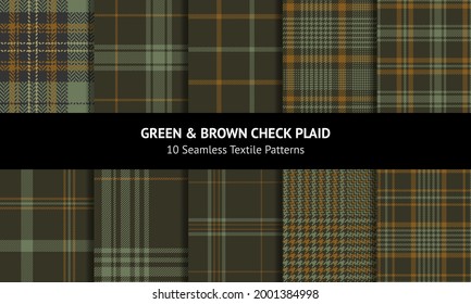 Tartan plaid pattern set in green and brown. Seamless dark check vector backgrounds for flannel shirt, skirt, jacket, coat, other modern autumn winter fashion textile print. Textured designs.