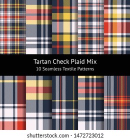 Tartan plaid pattern set. Seamless multicolored check plaid in dark blue, red, yellow, and off white for poncho, blanket, throw, flannel shirt, skirt, or other textile design. Swatches included.