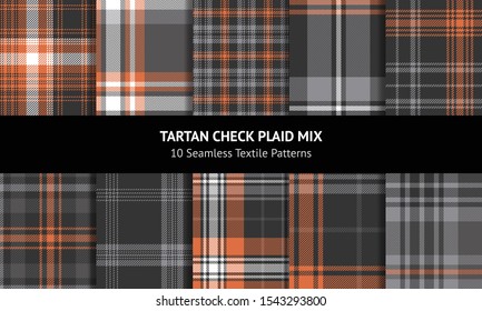 Tartan plaid pattern set. Seamless orange, grey, and white dark check plaid graphics for scarf, flannel shirt, blanket, dress, throw, upholstery, or other modern autumn and winter fabric design.