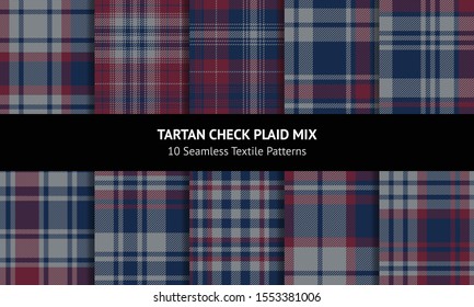Tartan plaid pattern set. Seamless dark check plaid graphics in navy blue, bordo red, and grey for scarf, flannel shirt, blanket, throw, upholstery, or other modern autumn and winter fabric design.