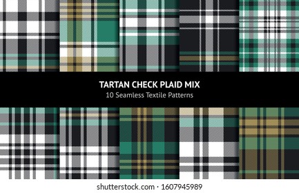 Tartan plaid pattern set. Seamless dark multicolored check plaid in black, green, gold, and white for scarf, flannel shirt, blanket, throw, upholstery, or other modern autumn winter fabric design.