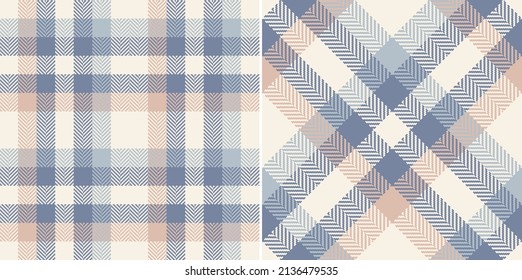 Tartan plaid pattern for spring summer autumn winter in soft cashmere blue, pink, beige. Seamless herringbone multicolored check for flannel shirt, skirt, blanket, scarf, other holiday textile design.