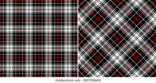 Tartan plaid pattern tweed in black, red, white. Seamless spring autumn winter herringbone textured twill plaid vector background for flannel shirt, skirt, other modern fashion fabric print.