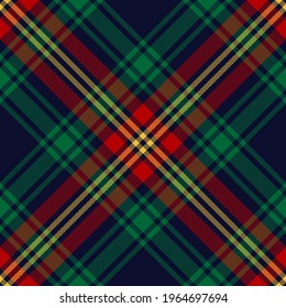 Tartan plaid pattern vector for Christmas holiday design. Seamless large herringbone check graphic in red, green, yellow, navy blue for blanket, duvet cover, other modern winter festive fashion print.