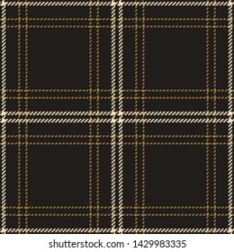 Tartan plaid pattern vector graphic. Seamless check plaid in dark grey and gold for modern textile design. Woven pixel texture.