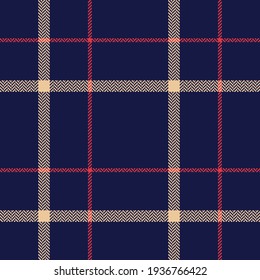 Tartan plaid pattern windowpane in navy blue, red, beige. Modern herringbone textured autumn winter fashion check plaid graphic art for flannel shirt, skirt, scarf, blanket, other textile print.