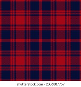 Tartan plaid pattern for winter in red and navy blue. Seamless herringbone textured simple check plaid graphic vector background for flannel shirt or other modern fashion fabric design.