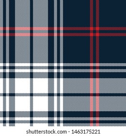 Tartan plaid pattern. Woven check plaid in dark blue, red, and white for flannel shirt, skirt, poncho, blanket, or other modern home or fashion textile design. Herringbone pixel texture.