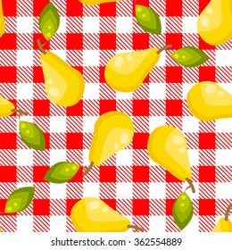 Tartan plaid with pears seamless pattern. Kitchen red checkered tablecloth fabric background.