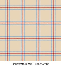 Tartan plaid. Scottish pattern in beige, red and blue cage. Scottish cage. Traditional Scottish checkered background. Seamless fabric texture. Vector illustration