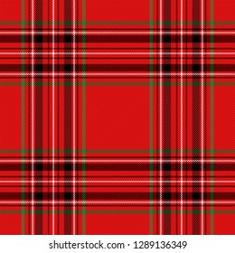 Tartan plaid. Scottish pattern in black, red and green cage. Checkered plaid in Christmas colors. Scottish cage. Abstract pattern. Checkered background. Seamless fabric texture. Vector illustration