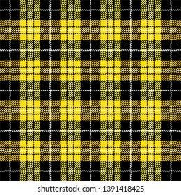 Tartan plaid. Scottish pattern in black, white and yellow cage. Scottish cage. Traditional Scottish checkered background. Seamless fabric texture. Vector illustration