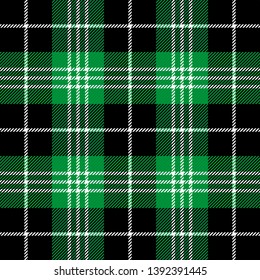 Tartan plaid. Scottish pattern in black, white and green cage. Scottish cage. Traditional Scottish checkered background. Seamless fabric texture. Vector illustration