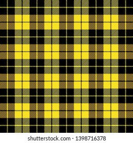 Tartán a cuadros. Patrón escocés en jaula negra y amarilla. Jaula escocesa. Fondo a cuadros escocés tradicional. Textura de tela sin costuras. Ilustración vectorial