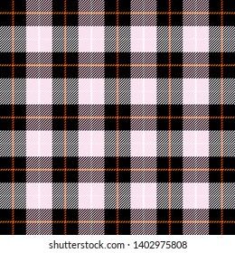 Tartan plaid. Scottish pattern in black, pink and orange cage. Scottish cage. Traditional Scottish checkered background. Clan Wallace. Seamless fabric texture. Vector illustration