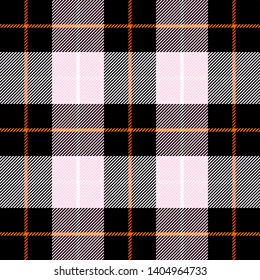 Tartan plaid. Scottish pattern in black, pink and orange cage. Scottish cage. Traditional Scottish checkered background. Clan Wallace. Seamless fabric texture. Vector illustration