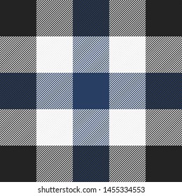 Tartan plaid. Scottish pattern in black, blue and white cage. Scottish cage. Traditional Scottish checkered background. Seamless fabric texture. Vector illustration