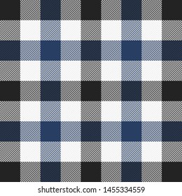 Tartan plaid. Scottish pattern in black, blue and white cage. Scottish cage. Traditional Scottish checkered background. Seamless fabric texture. Vector illustration