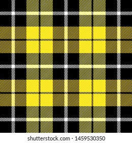 Tartan plaid. Scottish pattern in black, yellow and white cage. Scottish cage. Traditional Scottish checkered background. Seamless fabric texture. Vector illustration