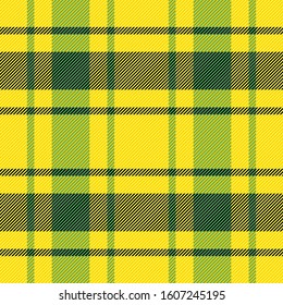 Tartan plaid. Scottish pattern in black, yellow and green cage. Scottish cage. Traditional Scottish checkered background. Seamless fabric texture. Vector illustration